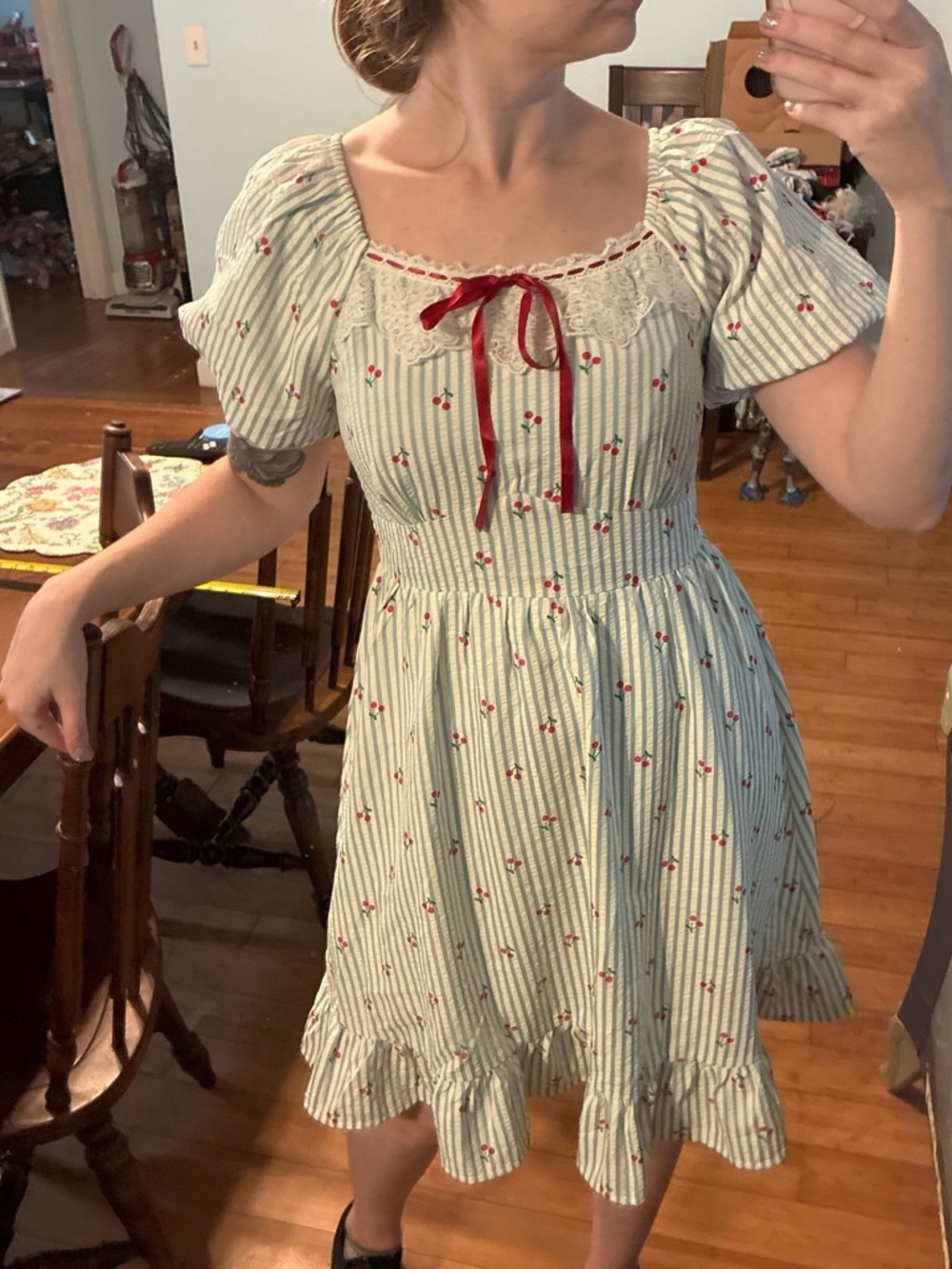 Charming blue Stripe Dress with Cherry Print & Lace Trim
